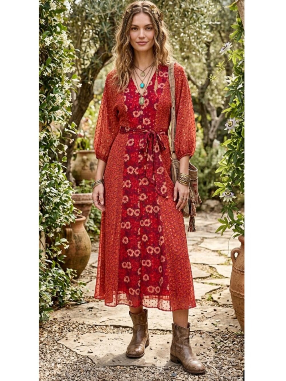 TAYLOR Midi Dress Floral Red *No Sash Women's 2 Dolman Sleeves Boho Festival